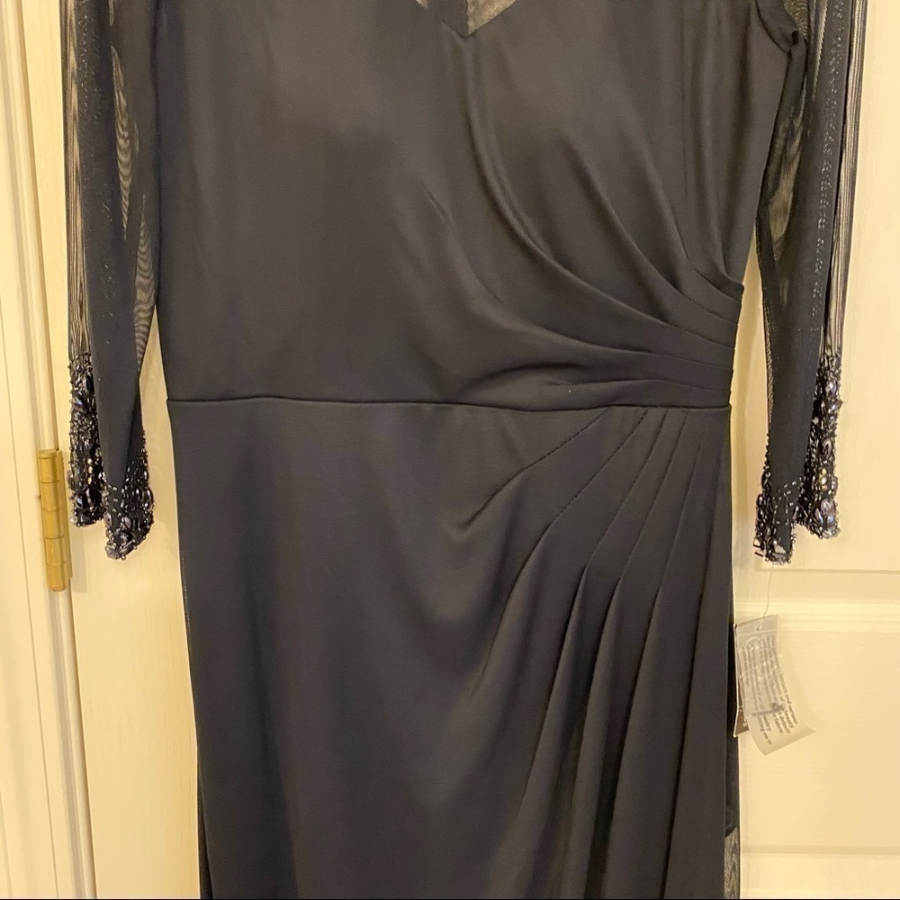 Alex Evenings Illusion Embellished 3/4 Sleeve Ruched A-Line Gown in Dark Navy - Picture 9 of 14